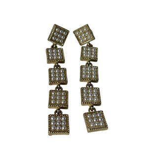 Goldtone Square Dangle Drop Earrings With Faux Pearl Accents 2.75 inches Long